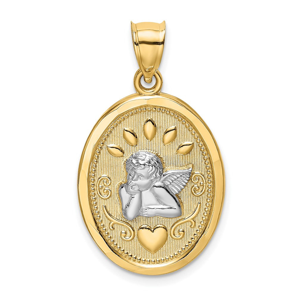 14k Yellow Gold  & Rhodium Oval Cherub W/ Heart Charm