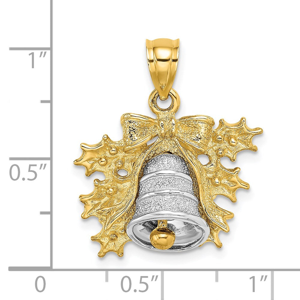 14k Two-Tone 3-D Christmas Bell and Holly Charm