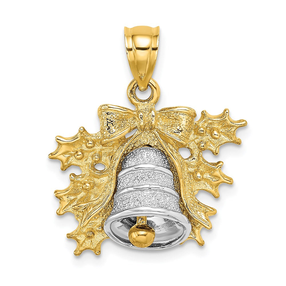 14k Two-Tone 3-D Christmas Bell and Holly Charm