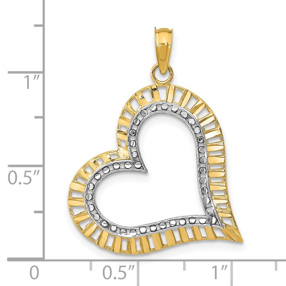 14k w/ Rhodium Diamond-cut Large Tilted Heart Charm