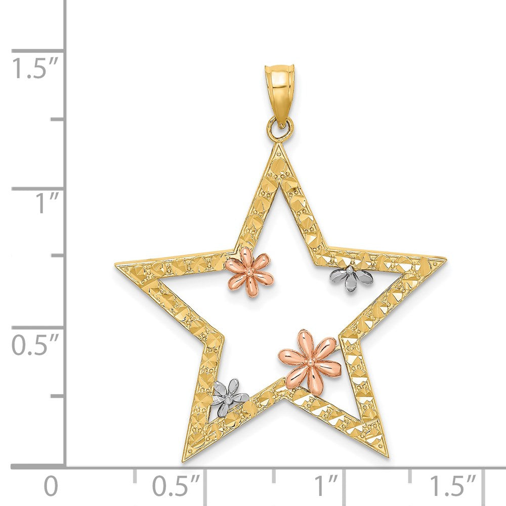 14k Two-tone w/White Rhodium Star w/Flowers Charm
