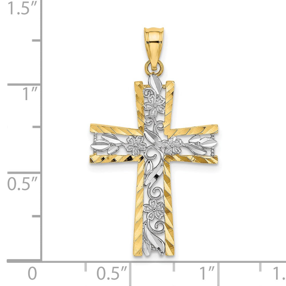 14K W/ Rhodium and D/C Flower Design Cross Charm