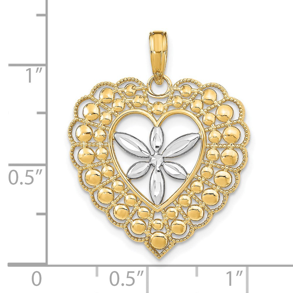 14k w/Rhodium Flower and Beaded Heart Charm