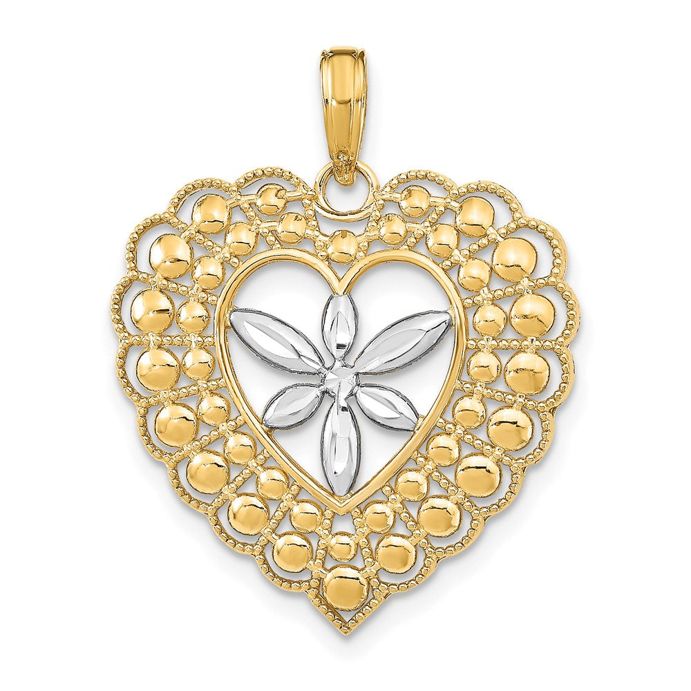 14k w/Rhodium Flower and Beaded Heart Charm