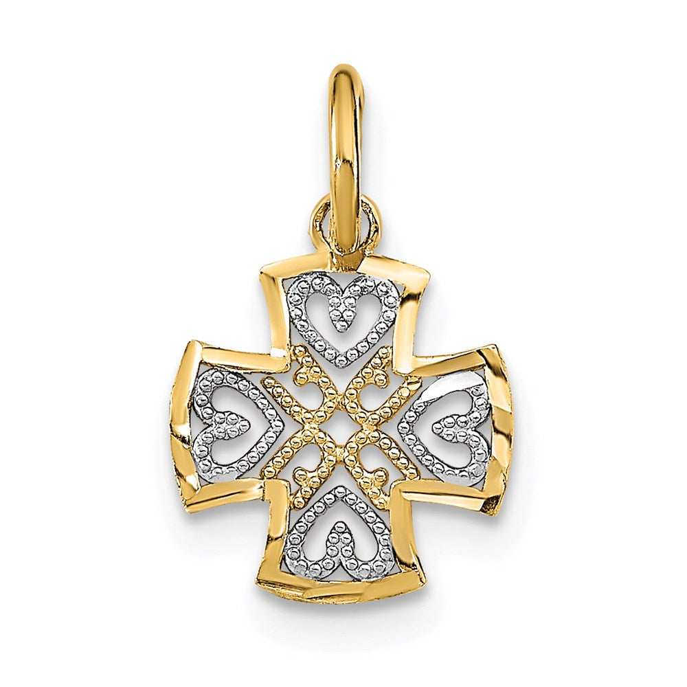 14K w/Rhodium and D/C Hearts In Cross Charm