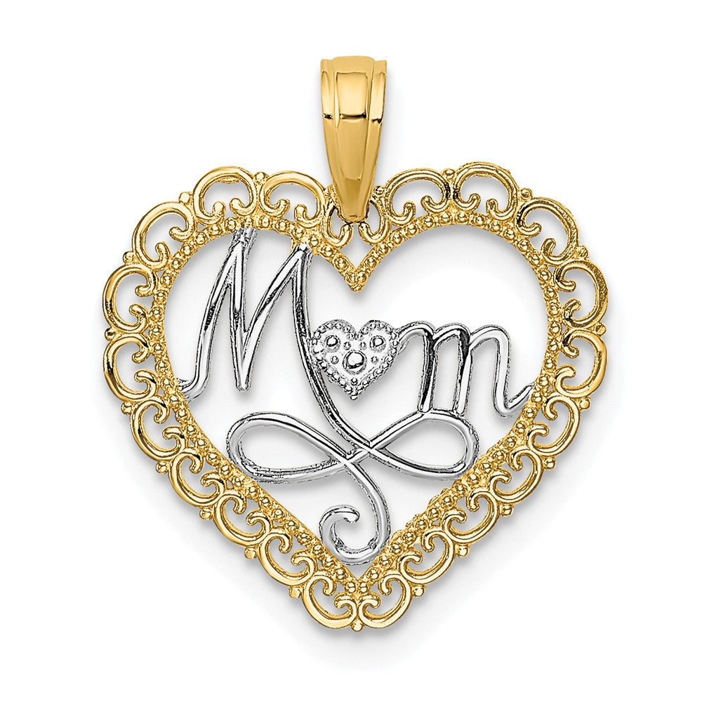 14k w/Rhodium Cut-Out MOM In Scallop Heart Charm