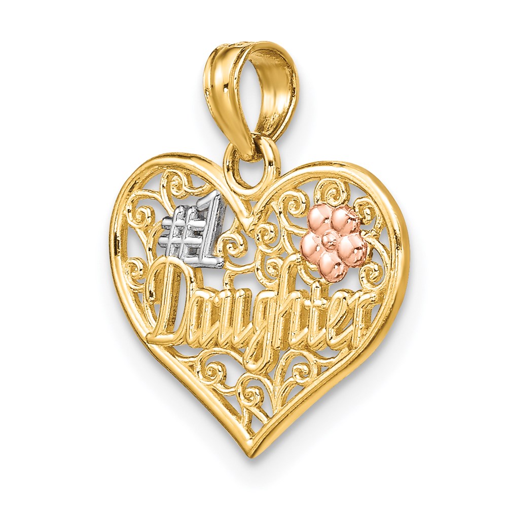 14k Two-tone White Rhodium  #1 DAUGHTER In Heart w/ Flowers Charm