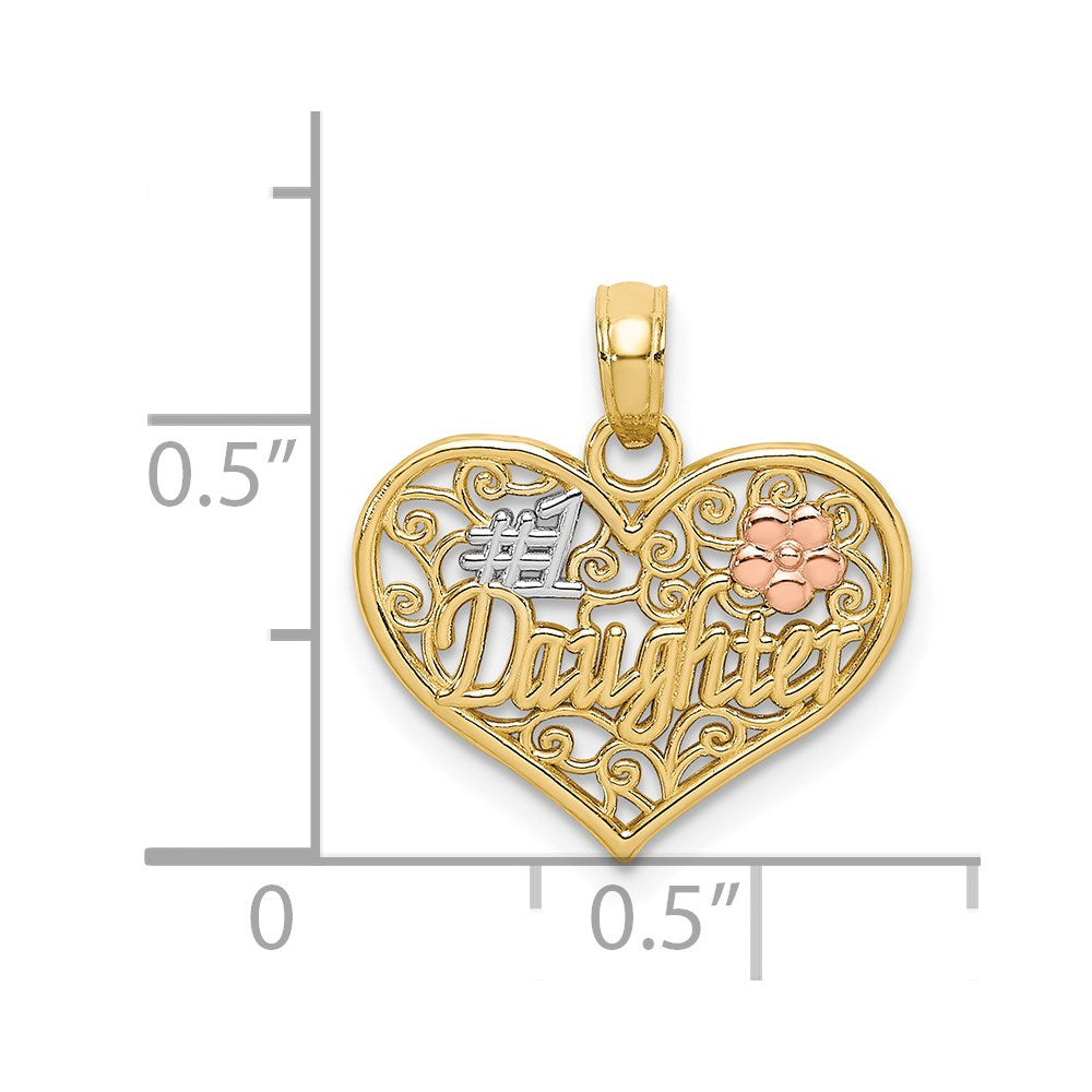 14k Two-tone White Rhodium  #1 DAUGHTER In Heart w/ Flowers Charm