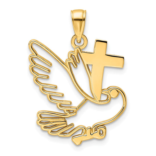 14K Polished Dove and Cross Pendant