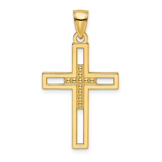 14k Beaded & Polished Double Cross Pendant