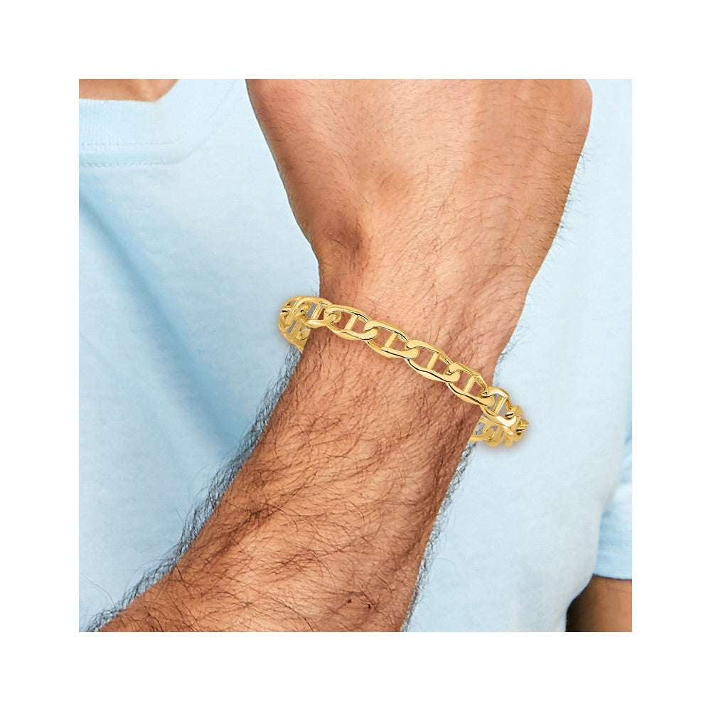14K 8 inch 9mm Hand Polished Fancy Anchor Link with Fancy Lobster Clasp Bracelet