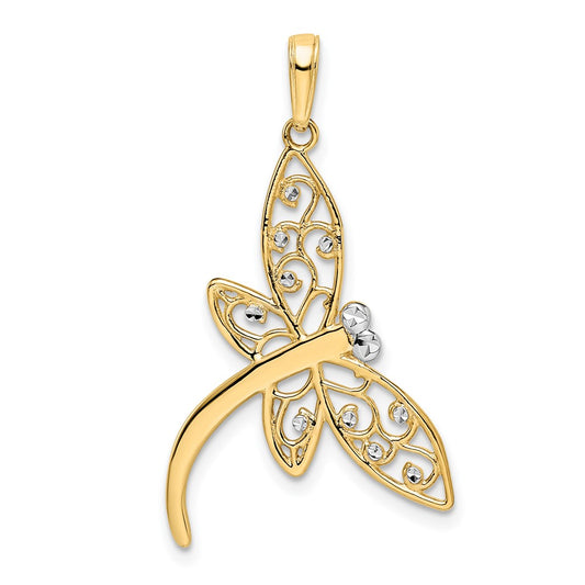 14k and White Rhodium Diamond-cut Filigree Dragonfly Pendant