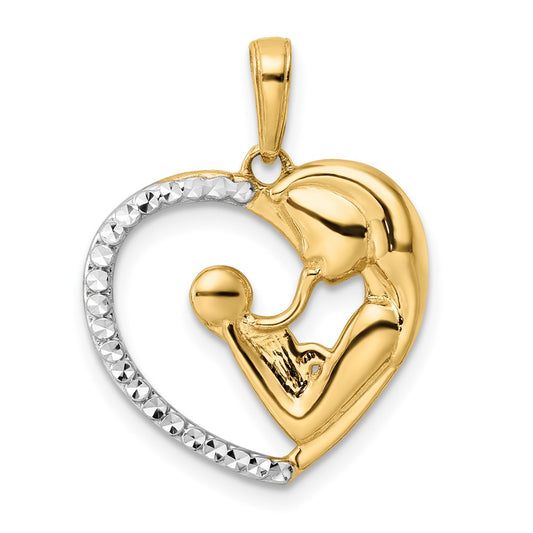 14k and White Rhodium Diamond-cut Mother and Heart Pendant