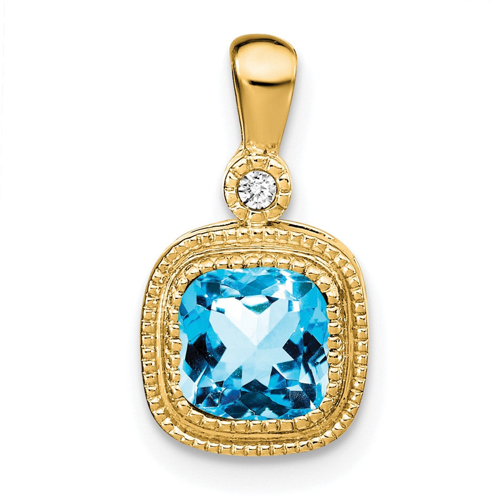 14k Cushion Blue Topaz and Diamond Pendant
