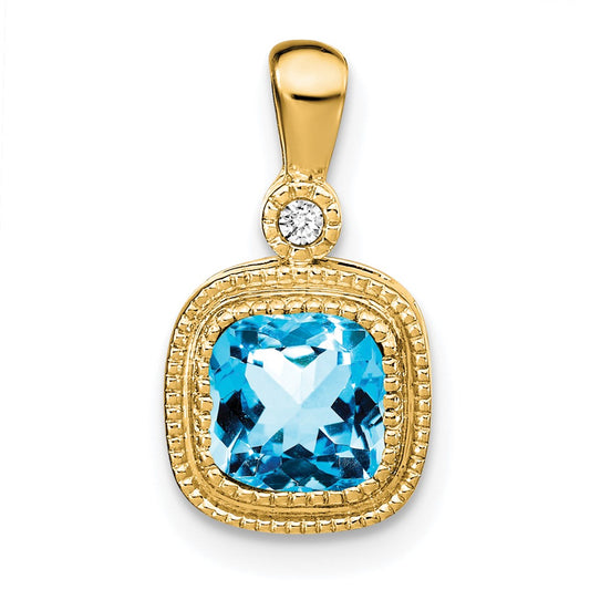 14k Cushion Blue Topaz and Diamond Pendant