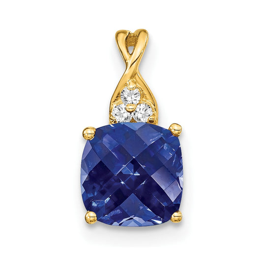 14k Checkerboard Created Sapphire and Diamond Pendant