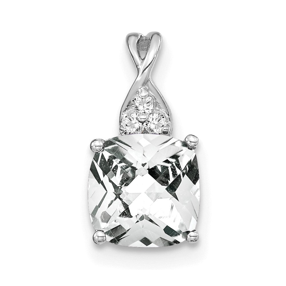 14K White Gold Checkerboard White Topaz and Diamond Pendant