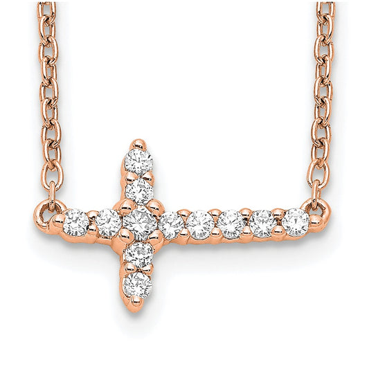 14k Rose Gold Diamond Sideways Cross 18in Necklace