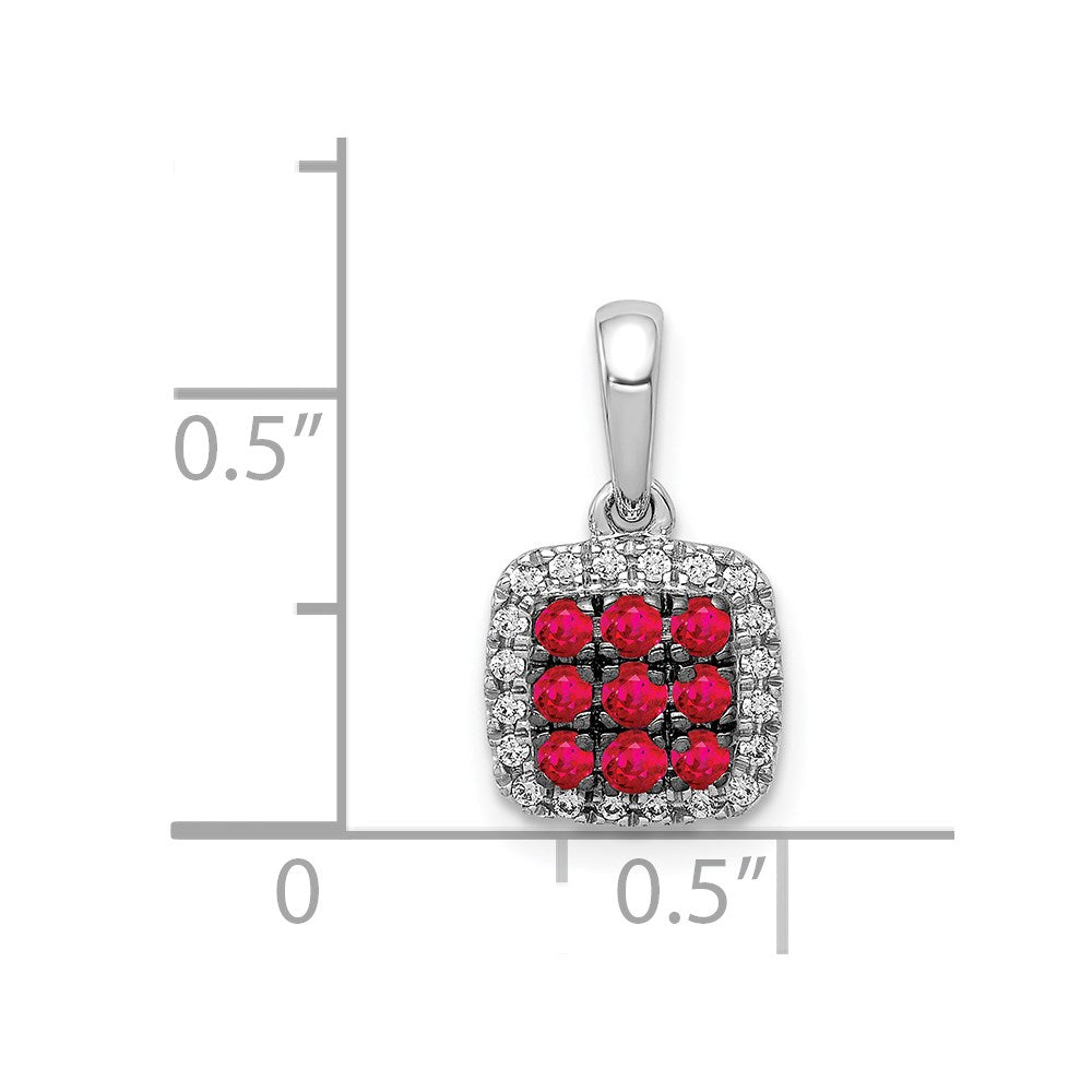 14k White Gold Diamond and .23 Ruby Square Halo Pendant