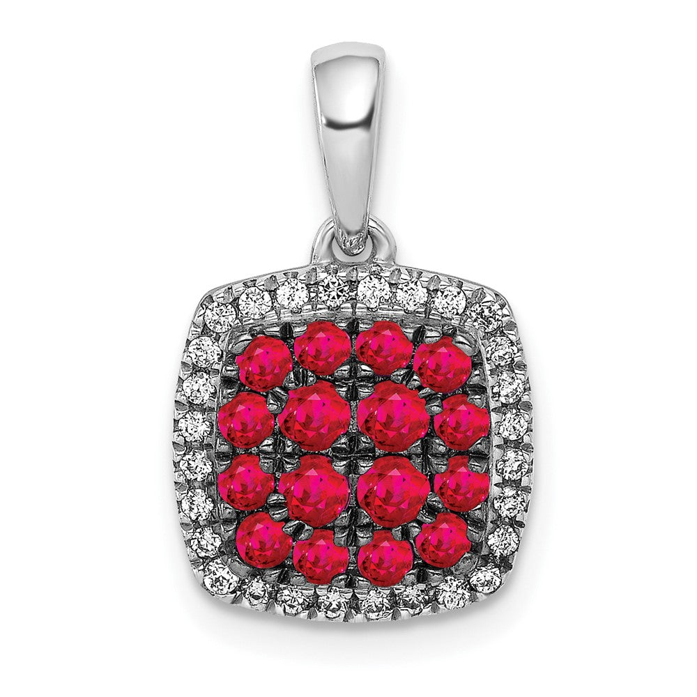 14k White Gold Diamond and Ruby Square Halo Pendant