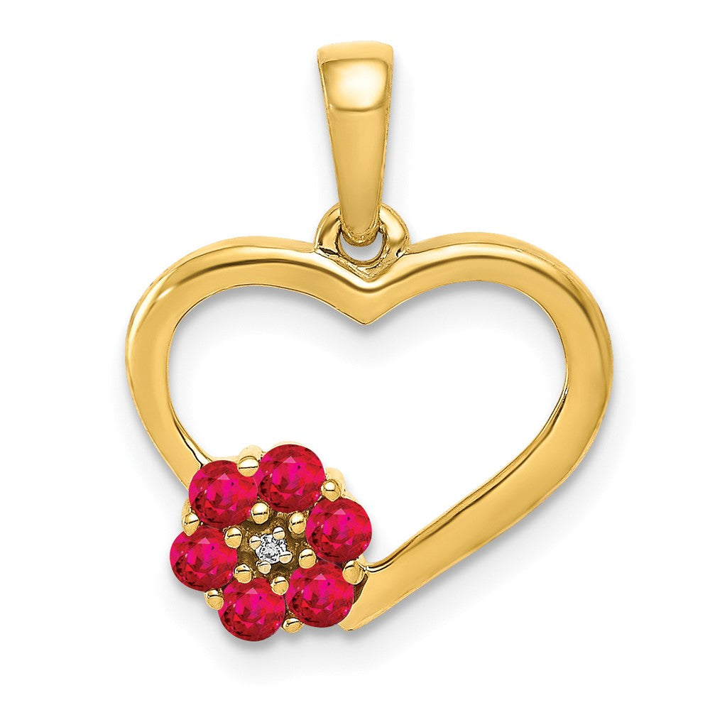 14k Yellow Gold Diamond and Ruby Heart w/ Flower Pendant