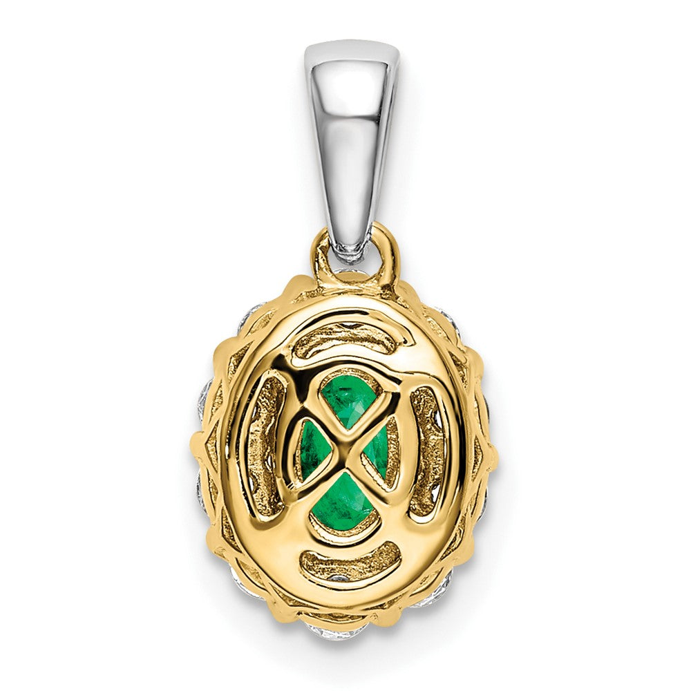 14k Two-tone Oval Emerald and Diamond Halo Pendant