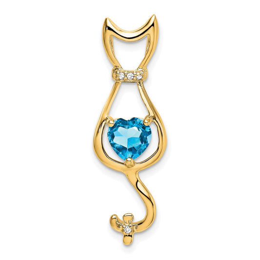 14k Blue Topaz and Diamond Cat Pendant