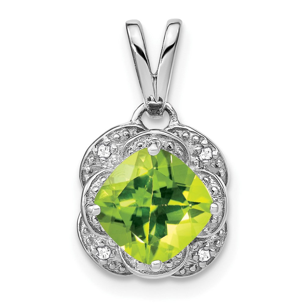 14k White Gold Cushion Peridot and Diamond Pendant