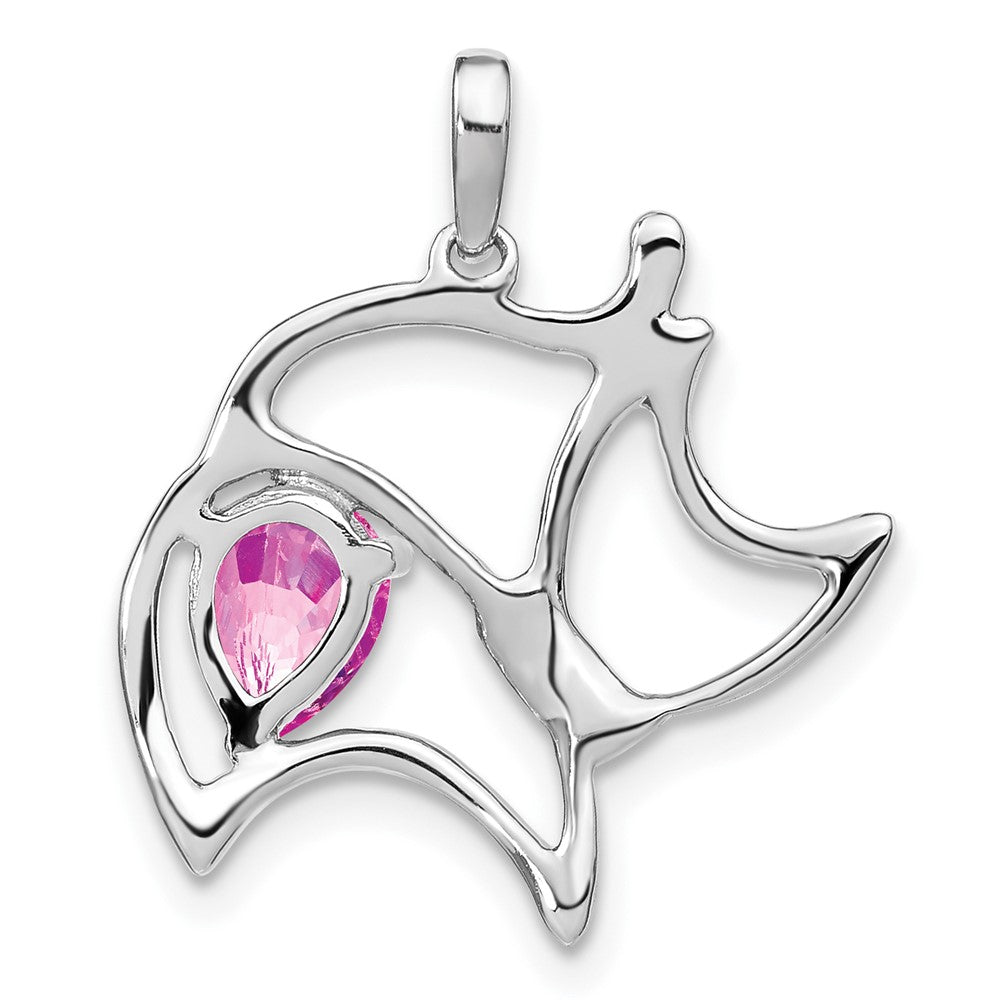 14k White Gold Created Pink Sapphire and Diamond Cat Pendant