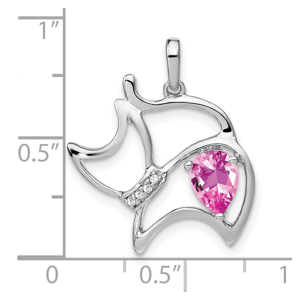 14k White Gold Created Pink Sapphire and Diamond Cat Pendant