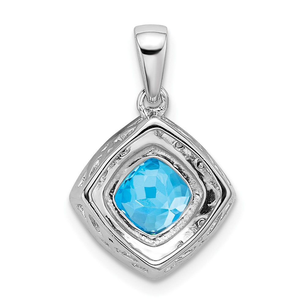 14k White Gold Cushion Blue Topaz and Diamond Pendant
