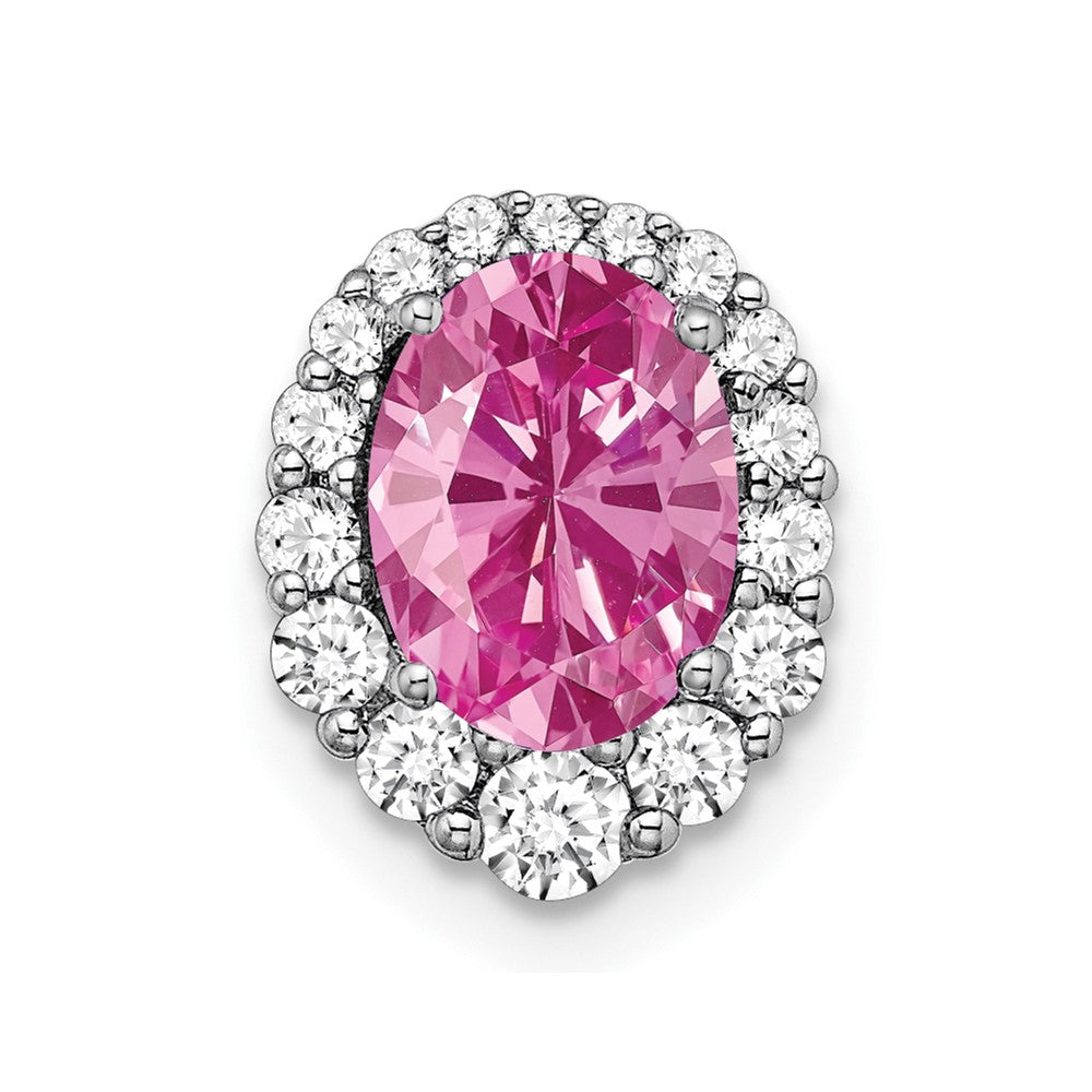 14k White Gold Oval Creat. Pink Sapphire/Diamond Halo Chain Slide