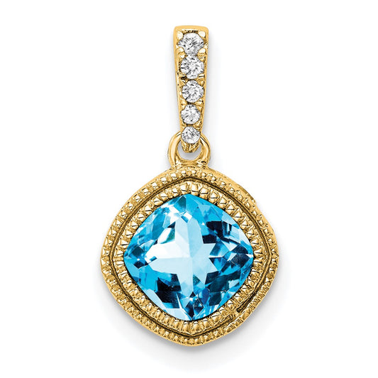 14k Cushion Blue Topaz and Diamond Pendant