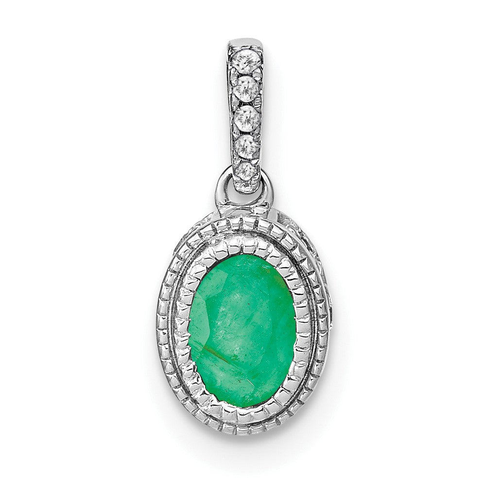 14k White Gold Oval Emerald and Diamond Pendant