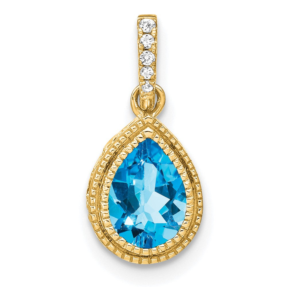 14k Pear Blue Topaz and Diamond Pendant