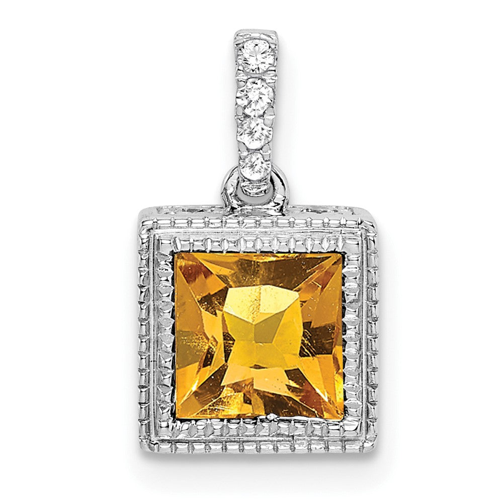 14k White Gold Square Citrine and Diamond Pendant