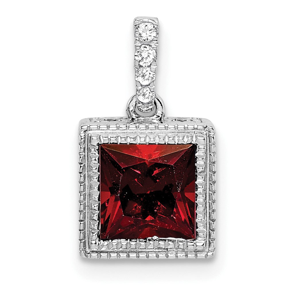 14k White Gold Square Garnet and Diamond Pendant