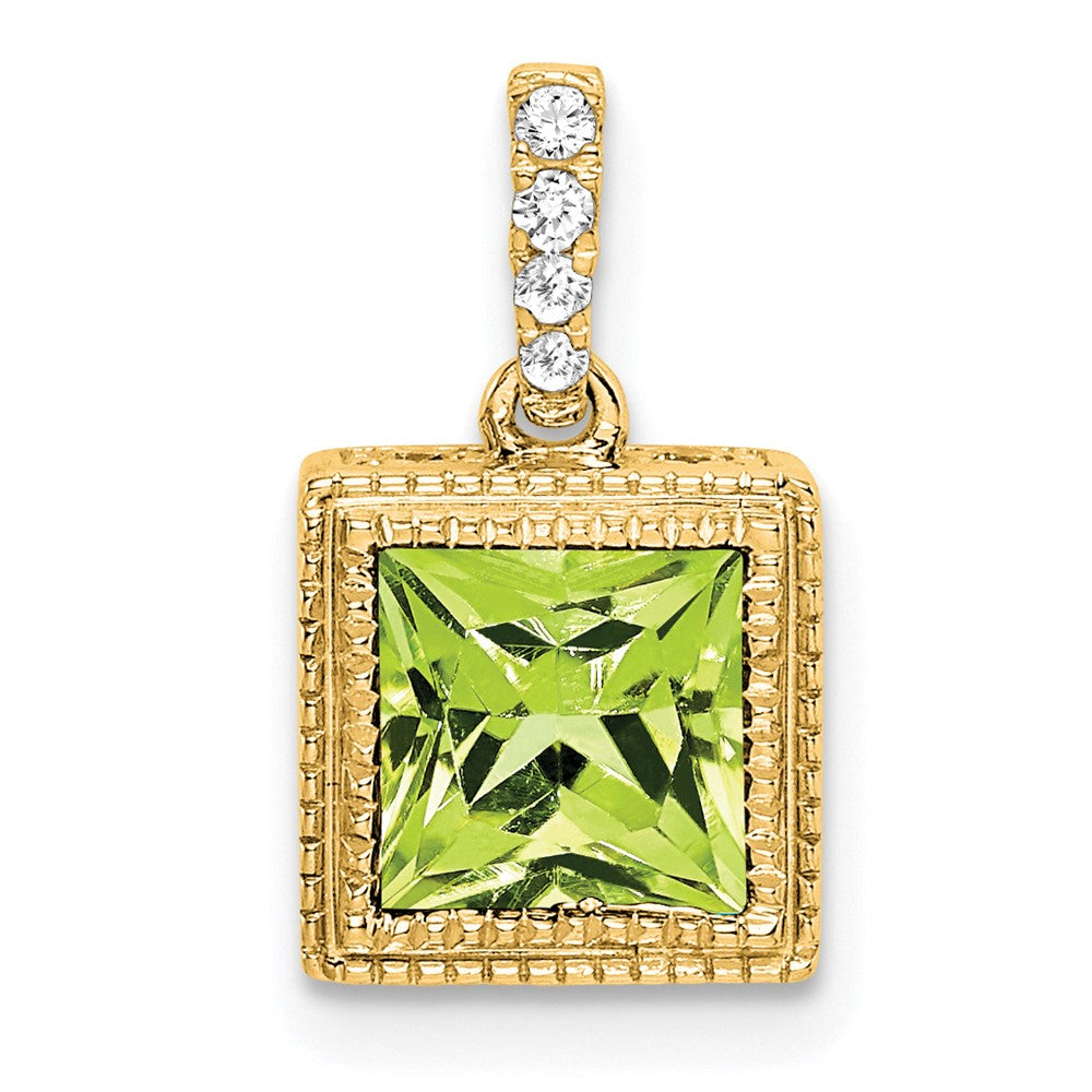14k Square Peridot and Diamond Pendant