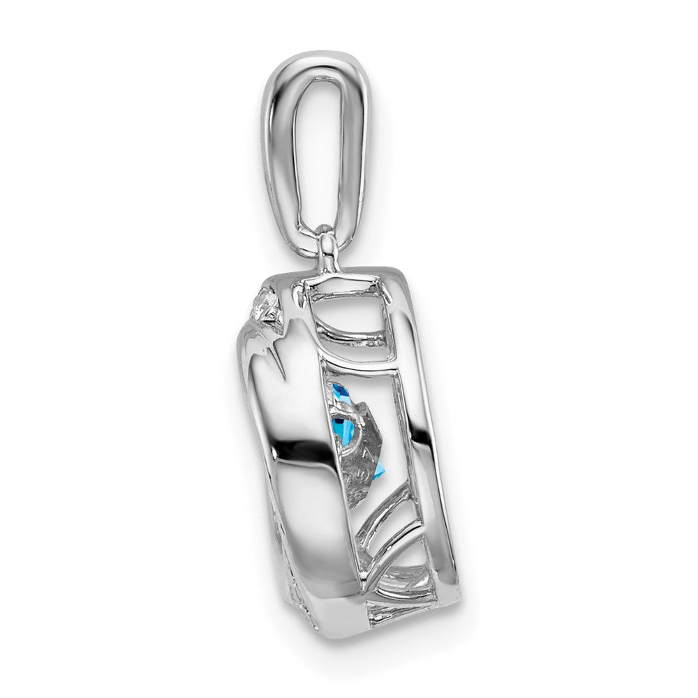14k White Gold Round Blue Topaz and Diamond Pendant