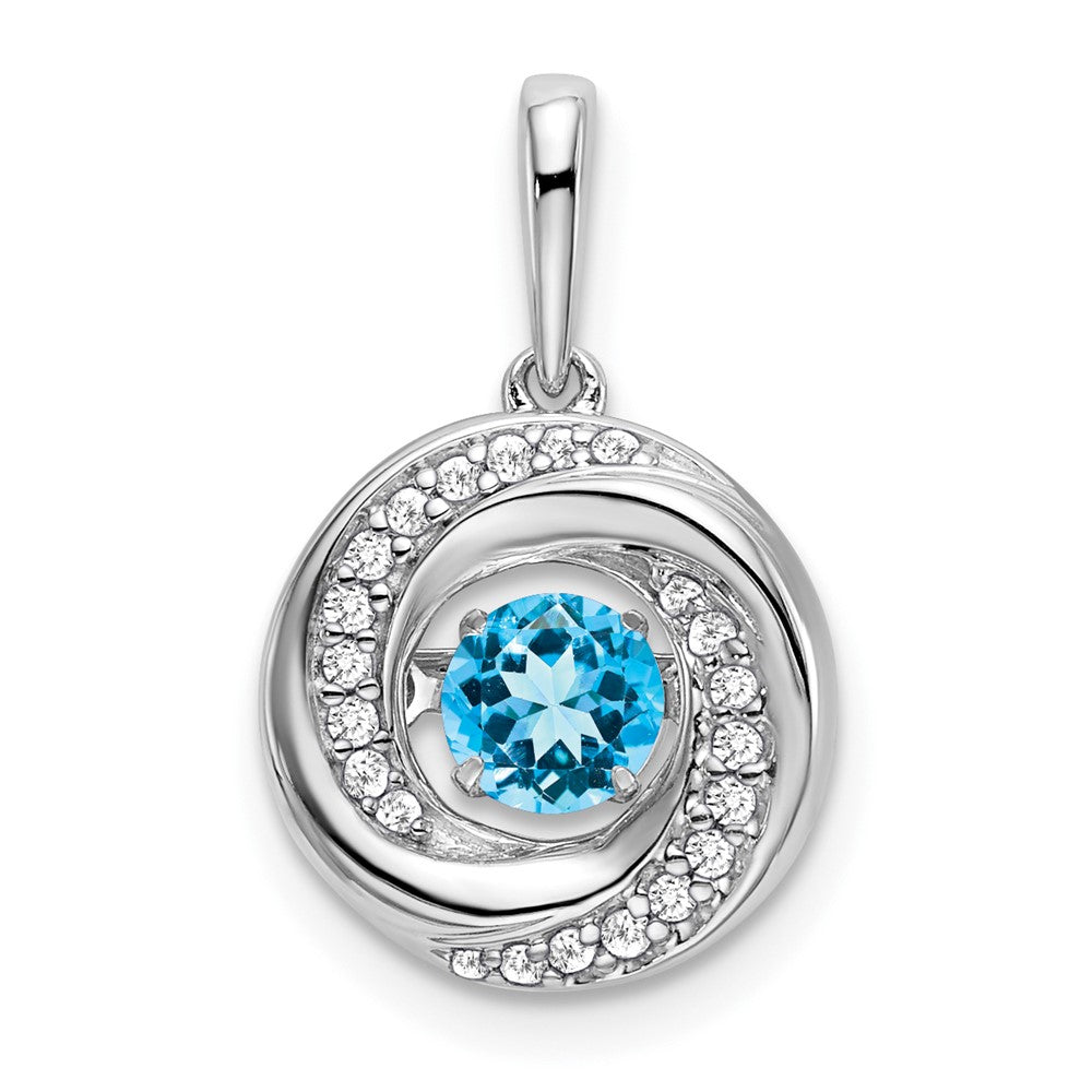 14k White Gold Round Blue Topaz and Diamond Pendant