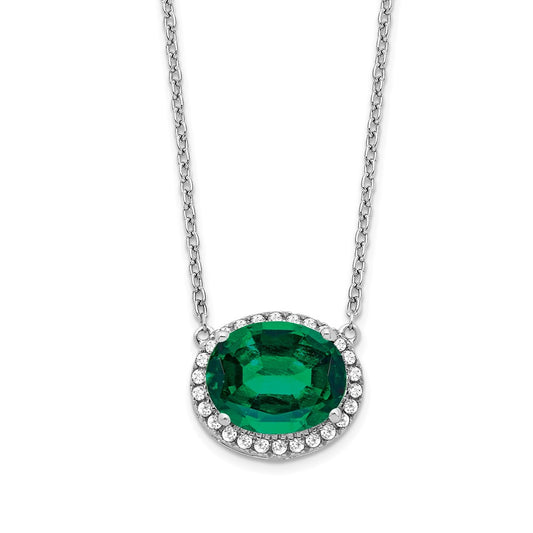 14k White Gold Oval Created Emerald/Diamond 18in. Halo Necklace