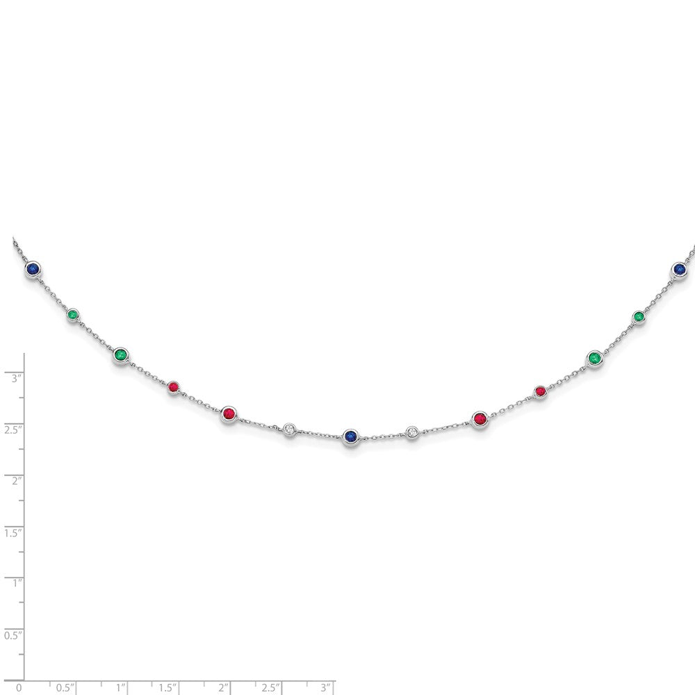 14k White Gold Ruby/Sapph/Emerald/Wht. Topaz 18in. Station Necklace
