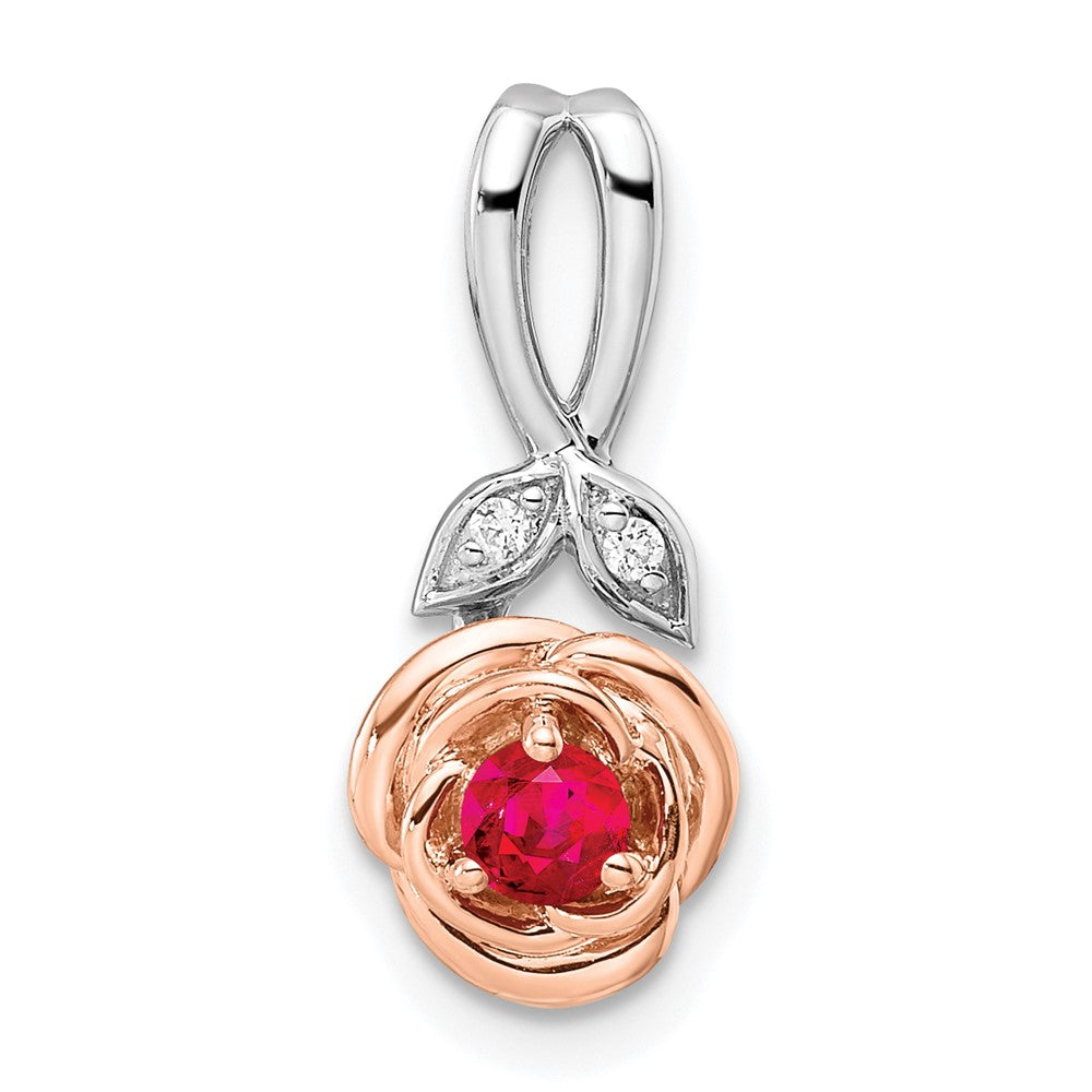 14K Two-tone White & Rose Ruby and Diamond Flower Pendant