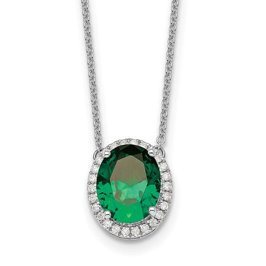 14k White Gold Oval Created Emerald/Diamond 18in. Halo Necklace