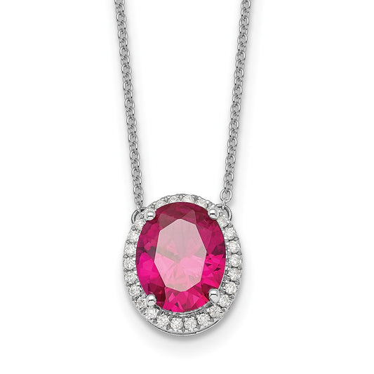 14k White Gold Oval Created Ruby/Diamond 18in. Halo Necklace