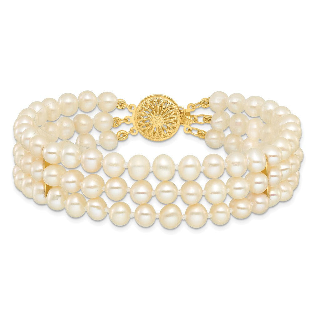 14k 5-6mm White Near-Round Freshwater Cultured Pearl 3-Strand 7.5 inch Bracelet