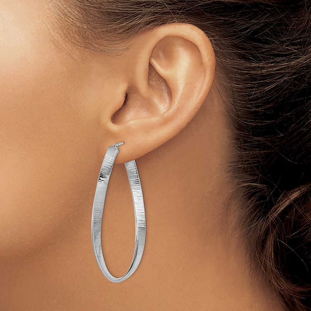 14k White Gold 4mm Textured Twisted Oval Hoop Earrings