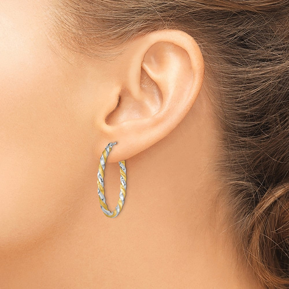 14k Yellow Gold & White Rhodium Twisted Hoop Earrings