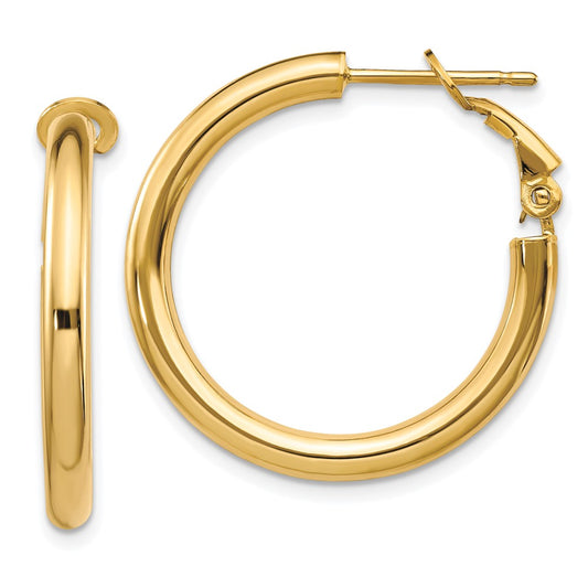 14k 3x25mm Polished Round Omega Back Hoop Earrings