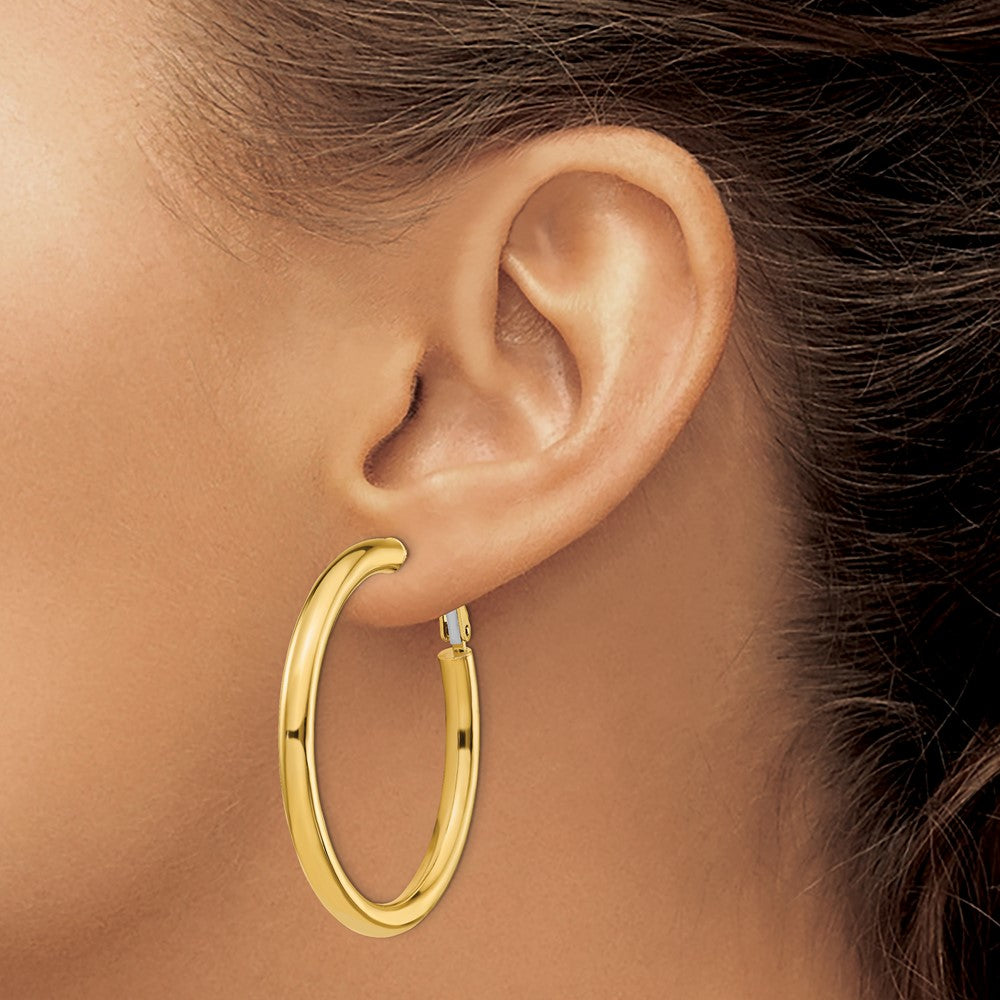 14k 4x35mm Polished Round Omega Back Hoop Earrings